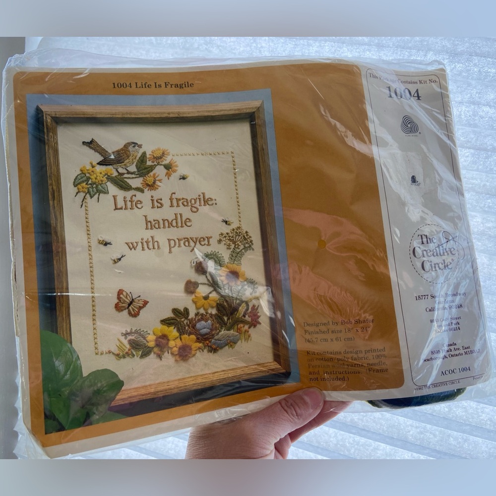 Vintage 1982 Life Is Fragile Handle With Prayer Crewel The Creative Circle Kit